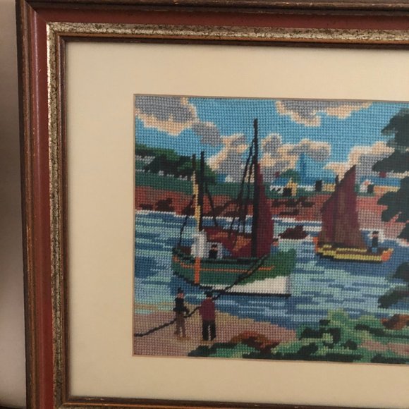 Needlework embroidery yarn art picture boat tree water people landscape - Picture 3 of 7
